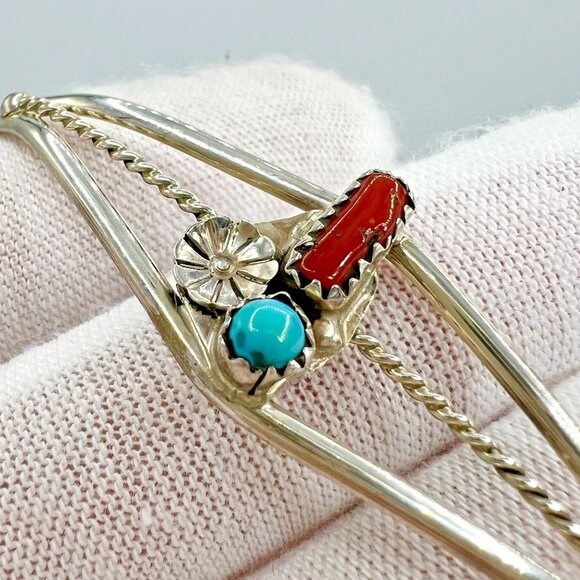 Navajo ESTHER WHITE Signed Sterling Silver Turquoise Coral Open Bangle Bracelet - Picture 2 of 6